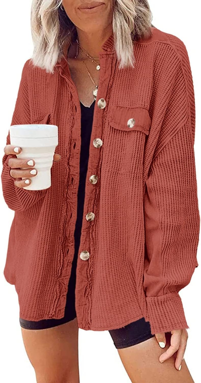 Yanekop Shackets for Women 2025 Waffle Knit Tops Long Sleeve Button Down Shirt Fall Jackets Outfits Corduroy Jacket