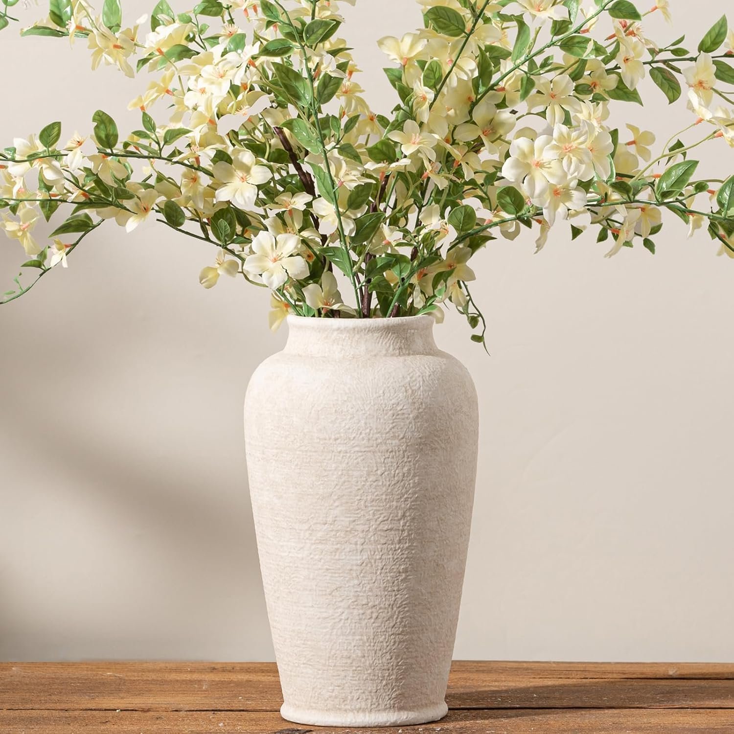 Ceramic Flower Vase, 11 Inch Large White Flower Vase Tall Rustic Farmhouse Decorative Vase Floral Pottery Vases for Home Decor Table Living Room Entryway Mantel Bedroom Bathroom Kitchen – White