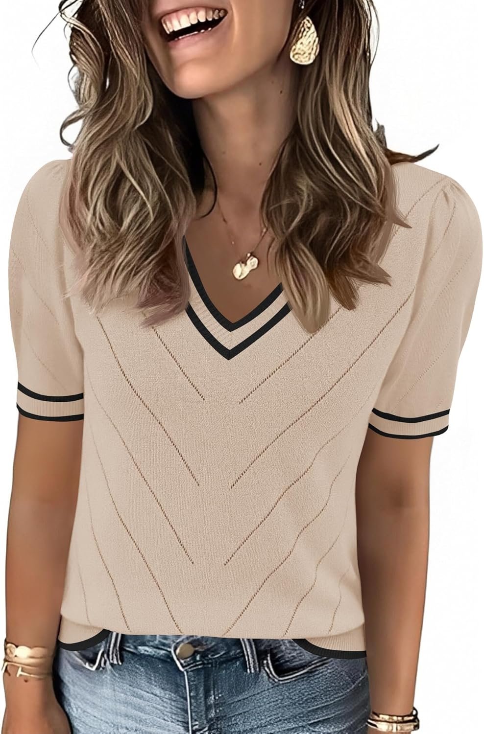 LOMON Womens Sweaters Puff Short Sleeve Lightweight Knit Summer Fall Tops Dressy V-Neck Work Blouses Business Casual Outfits