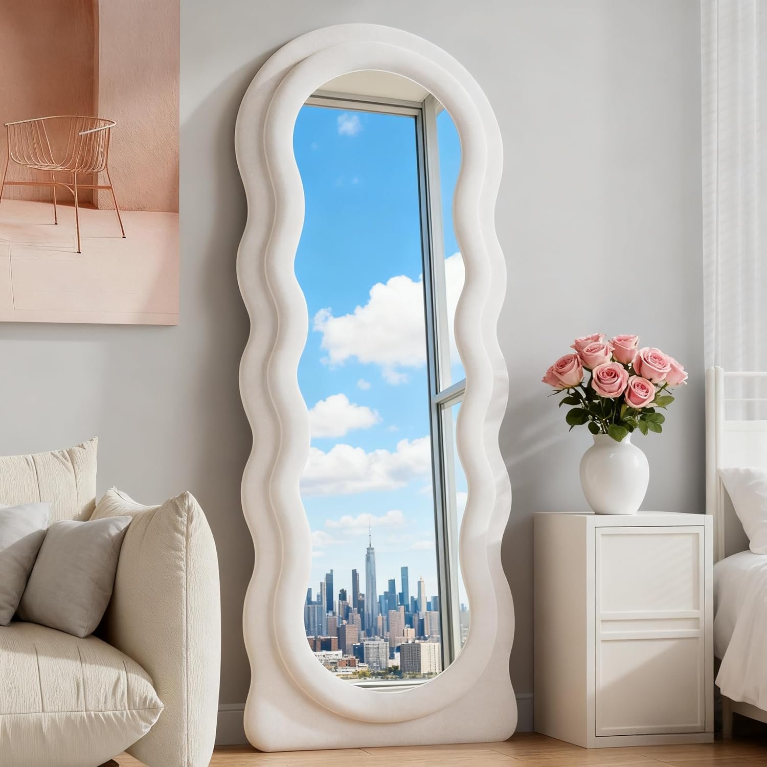 Full Length Mirror, 63″x24″ Wavy Floor Mirror, Arched Standing Mirrors Full Length, Cloud Shaped Flannel Wall Mirror, Dressing Body Mirrors Hanging or Leaning Against Wall for Bedroom (White)