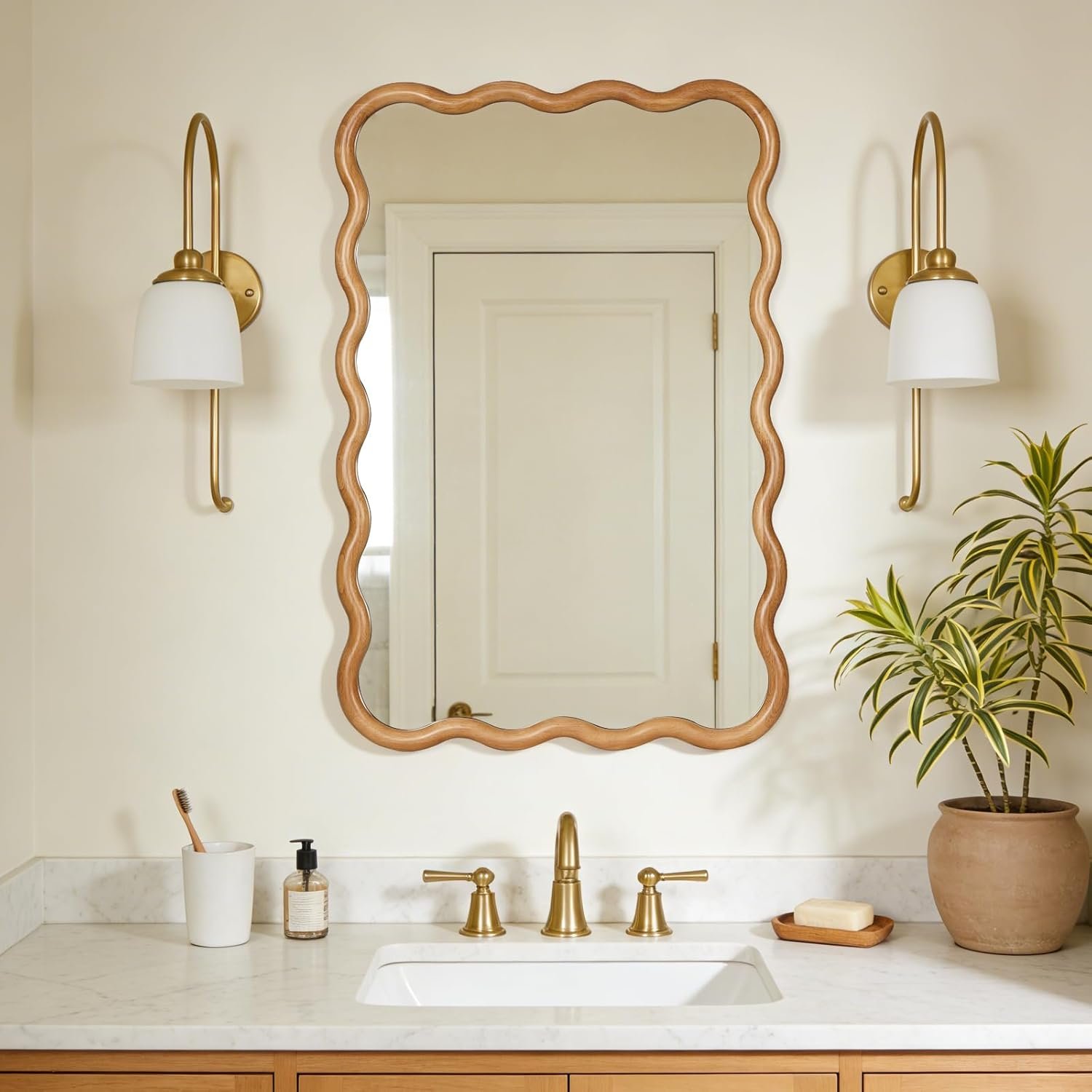 WallBeyond 24″x36″ Wavy Wood Mirror, Natural Wood Boho Accent Wall Mirror with Wooden Frame, Decorative Wall Mounted Mirror for Horizontal or Vertical Hanging in Bathroom, Bedroom, Living Room