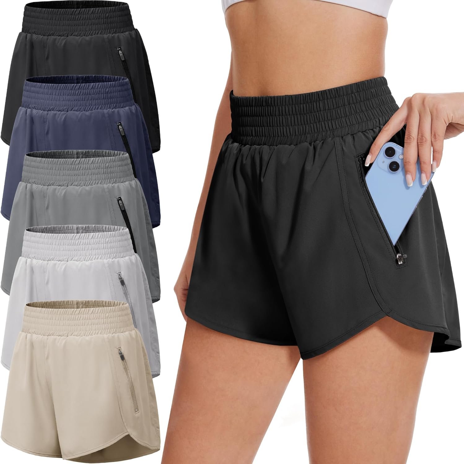 BALENNZ 5 Pack Womens Athletic Shorts with Zipper Pockets Activewear Elastic Waist Workout Gym Running Shorts
