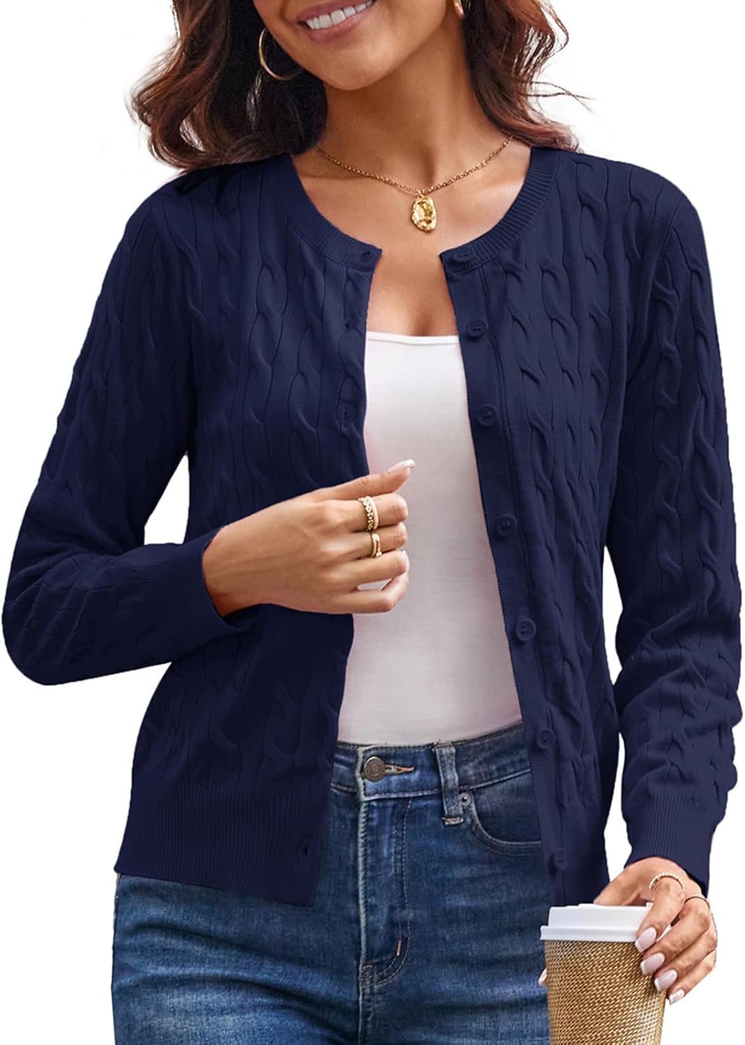 GRACE KARIN Womens Long Sleeve Button Up Cable Knit Cardigan Lightweight 2026 Crewneck Button Down Sweaters for Women