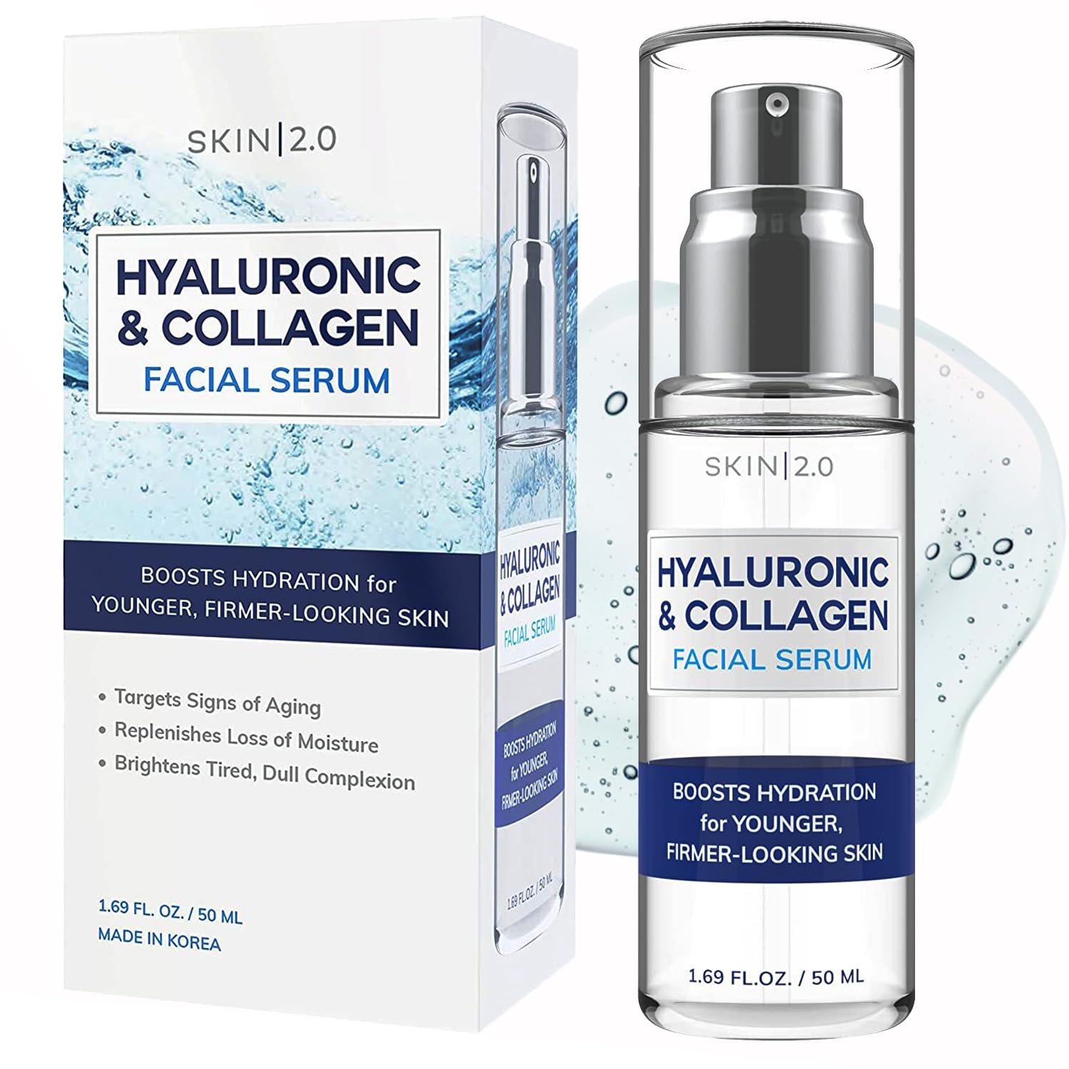 Skin 2.0 Hyaluronic Acid & Collagen Face Serum – Dermatologist Tested, Skin Tightening, Hydrating – Anti-Aging, Clean Beauty, Cruelty-Free Korean Skincare for All Skin Types – 1.69 Fl oz