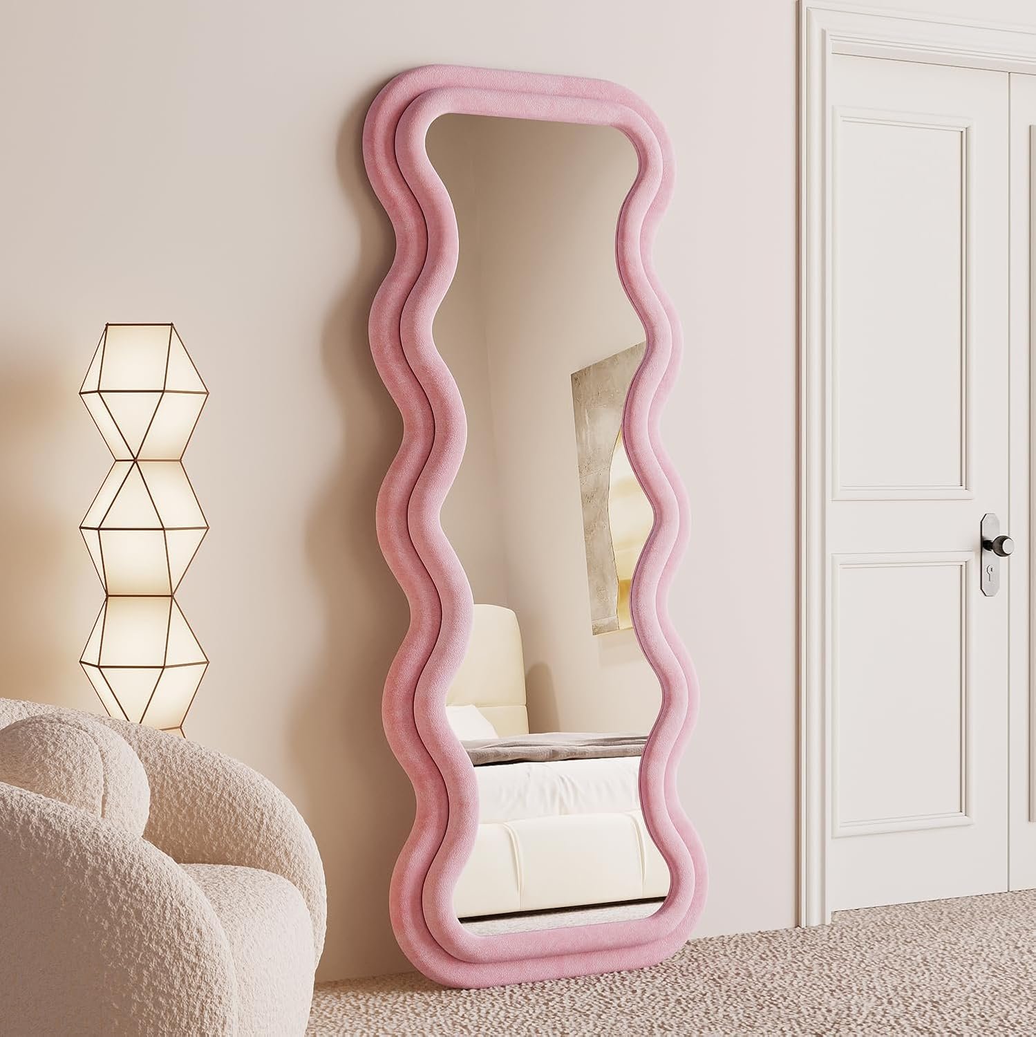 BOJOY Full Length Wavy Mirror, 63″x24″, Arched Floor & Wall Mirror – Standing, Hanging or Leaning – Flannel Wrapped Wooden Frame – Pink