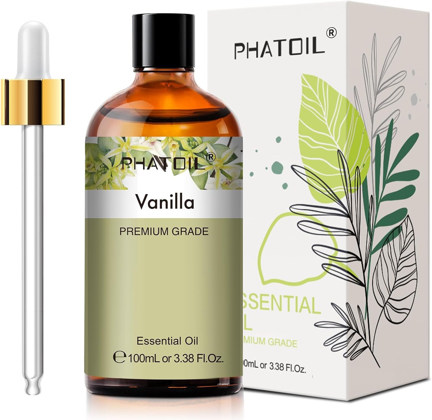 PHATOIL 100ML Vanilla Essential Oil, Huge 3.38fl.oz Bottle Vanilla Oil, Pure Aromatherapy Essential Oils for Diffuser, Humidifier, Scented Oils for Soap, Candle Making