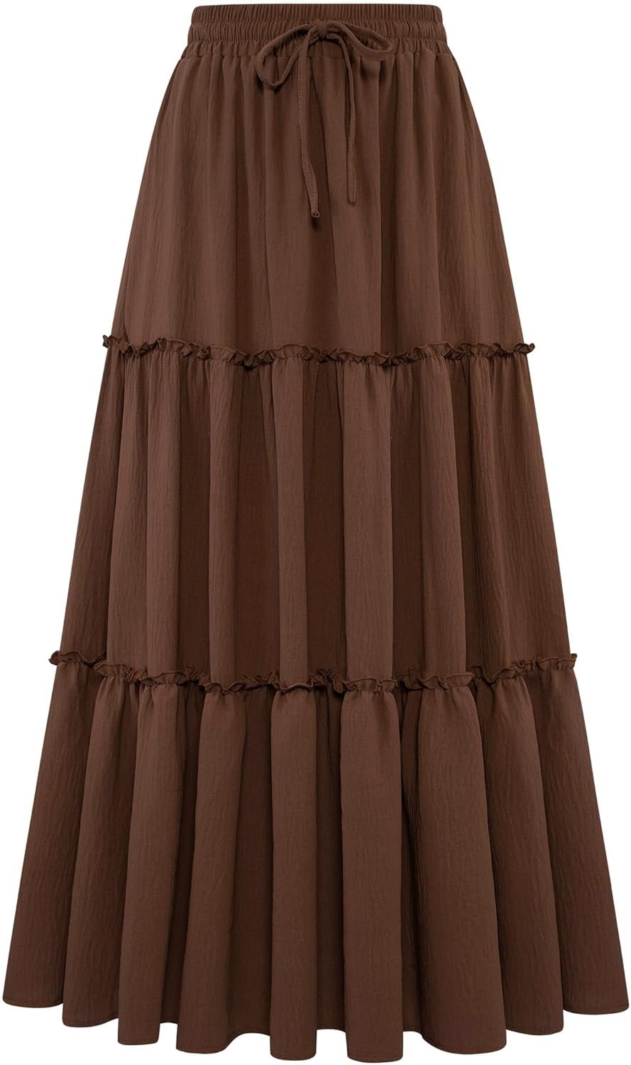 Arolina Women’s Summer Maxi Skirt Trendy High Waist Pleated Ruffle Long Skirts Flowy Beach Boho Skirt Dress with Pockets