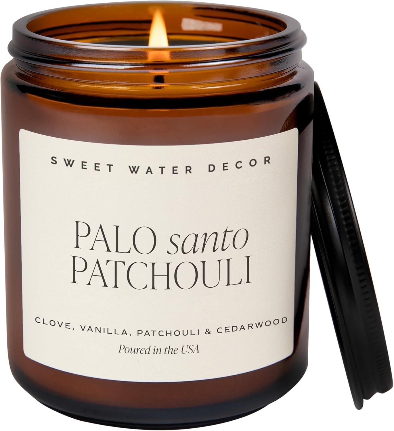 Sweet Water Decor Palo Santo Patchouli Soy Candle – Black Pepper, Clove Leaf, Nutmeg and Lavender Scented Candles for Home – 9oz Amber Jar + Black Lid, 40+ Hour Burn Time, Made in the USA