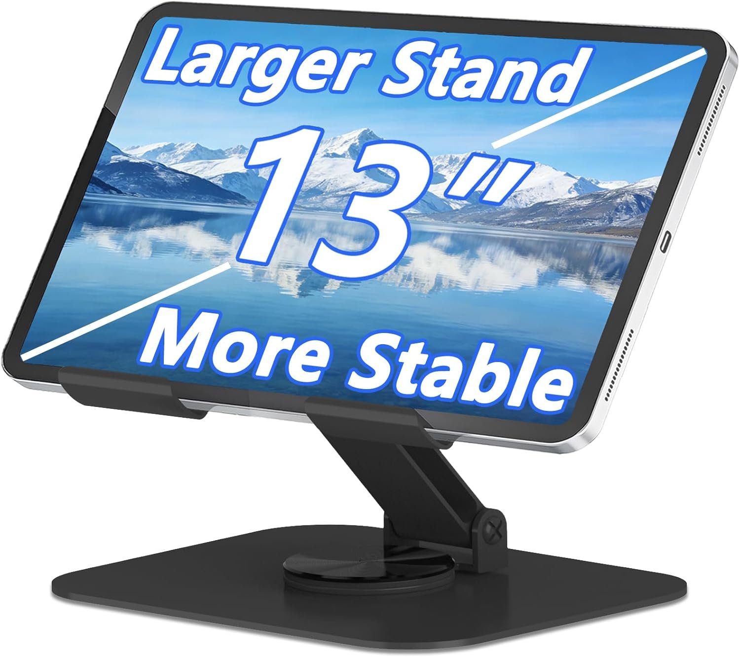 360° Rotation Tablet Stand, Ultra Stability Base Fully Folded Easy to Store and Carry Adjustable iPad Stand Compatible with 4-13″ Tablet E-Reader iPad Pro/Air/Mini and More (Black)