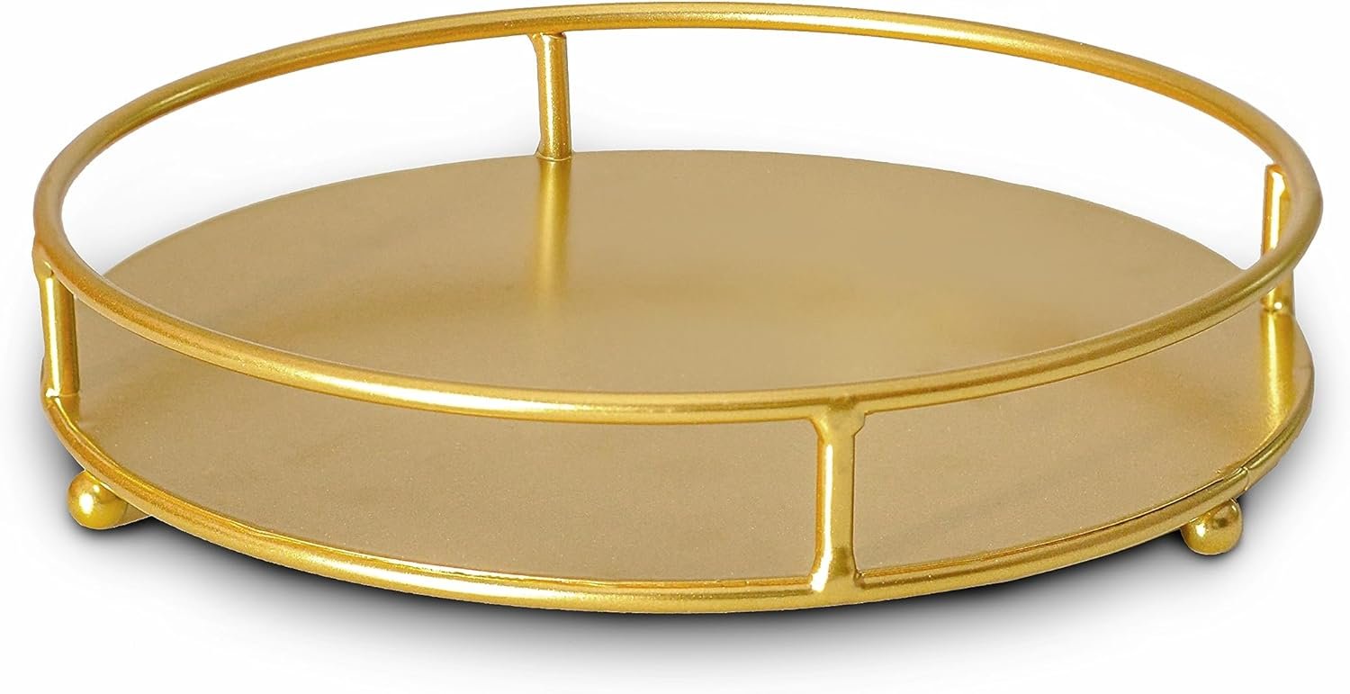 Jewelry Tray Perfume Display Organizer Bathroom Storage Vanity Tray Tabletop Display for Cosmetic, Candle, Jewelries, 8″ Round Gold, Small
