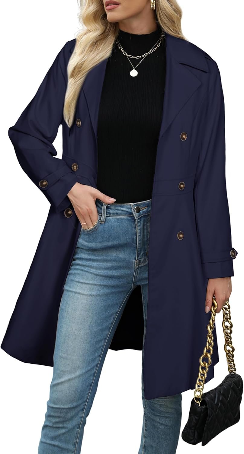 Simplee Womens Trench Coat Double-Breasted Long Dressy Windbreaker Overcoat Fall Winter Outerwear