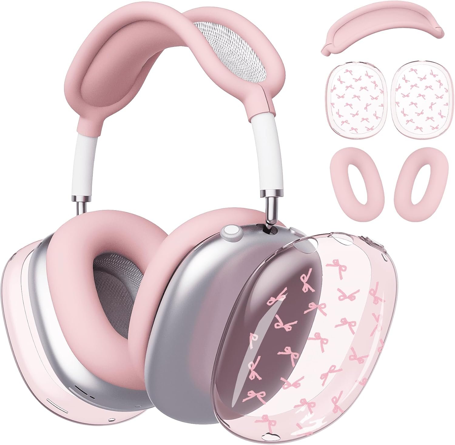 Headphone Cover for AirPods Max, Kawaii Cute Pink Bow Clear Ear Cups Covers, Pink Silicone Ear Pad Case Headband Cover for Apple AirPods Max 2/1 (2026/2024/2020)