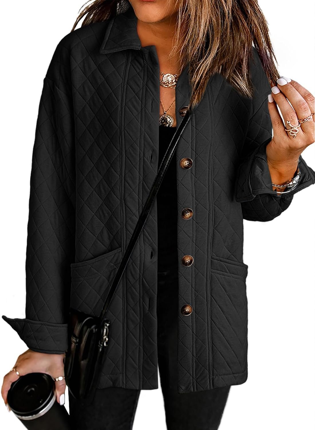 Dokotoo Casual Quilted Jackets for Women Button Down Collared Long Sleeve Coats with Pockets