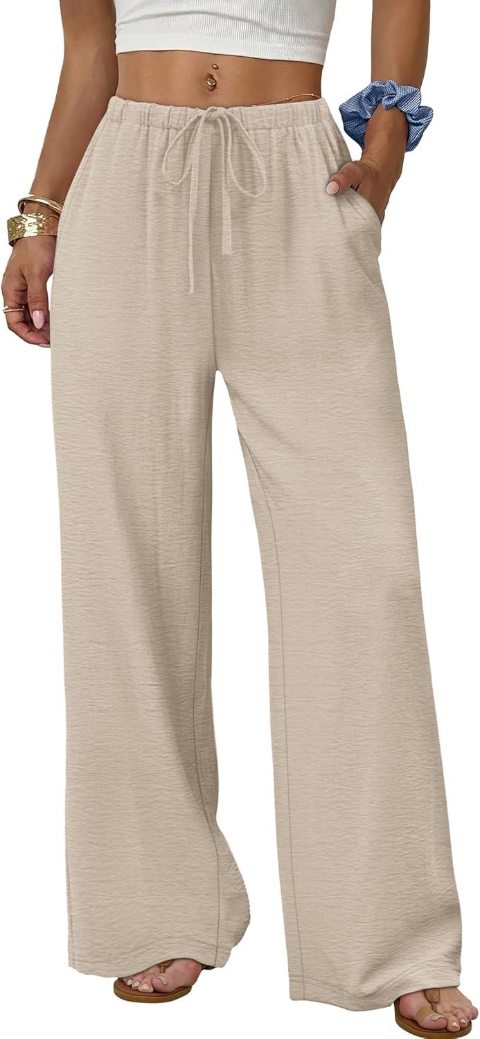 Sampeel Wide Leg Pants for Women Flowy Palazzo Drawstring Elastic Waist Trousers with Pockets Summer Beach Vacation Clothes
