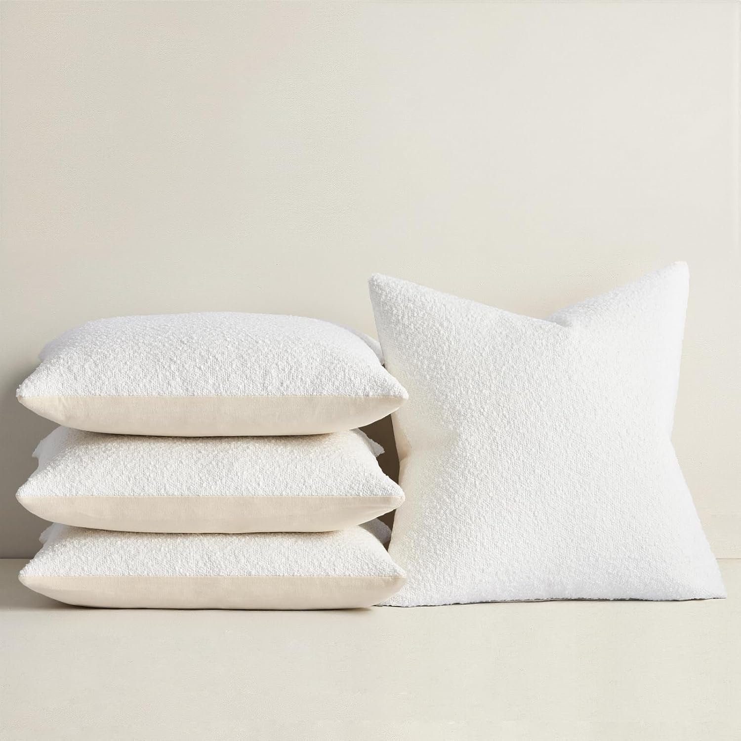 Topfinel Ivory White Set of 4 Decorative Textured Boucle Throw Pillow Covers Accent Solid Pillow Cases with Soft Linen Cotton Backing for Chair Sofa Bedroom Living Room Home Decor 18 x 18 Inch