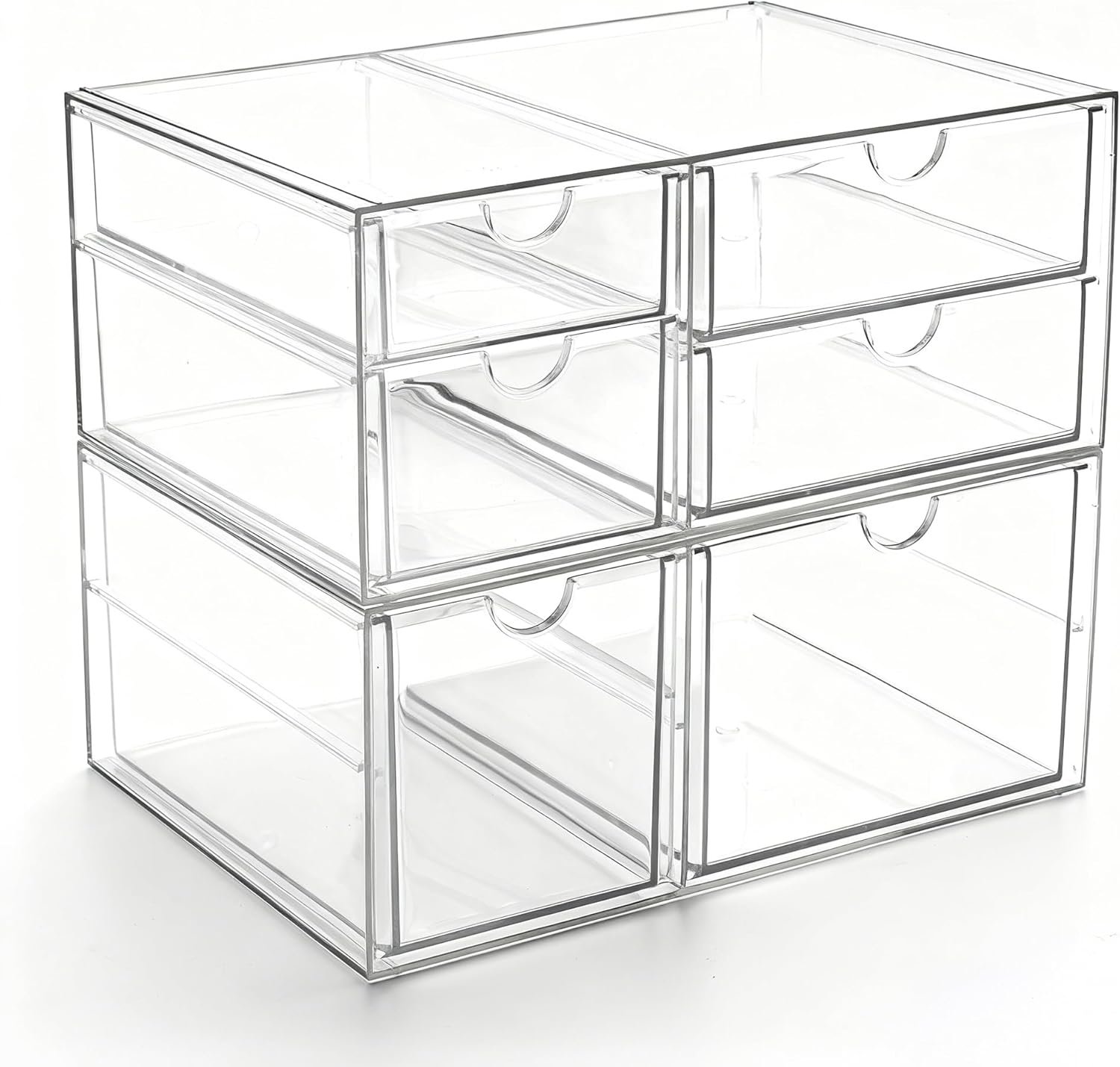 Prsildan Acrylic Drawer Makeup Organizer with 6 Drawers (Not for Baby Bottle), Set of 2 Office Desk Organizers Accessories, Clear Stackable Storage Drawers for Vanity, Craft (Largest Drawer 4″ Tall)