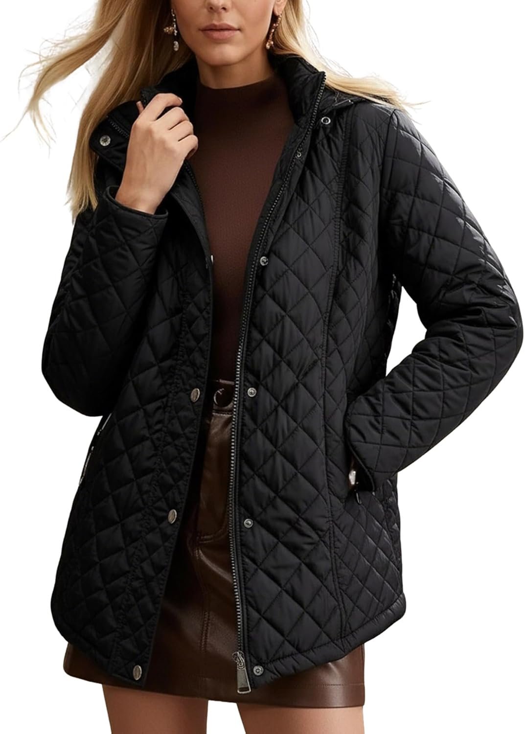 Women’s Lightweight Quilted Puffer Jacket Padded Zip Warm Coat Detachable Hooded for Spring and Winter