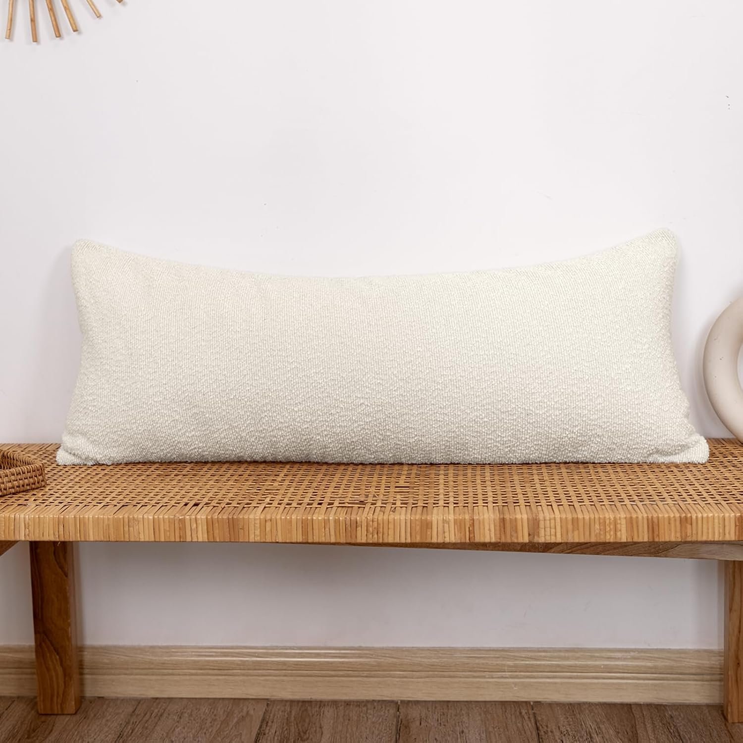 JoraLion 14×36 inch Boucle Lumbar Pillow Cover, Cream Woven Texture Neutral Long Pillow Cover Breathable Cushion Case for Couch Sofa Bed Living Room Home Decor (Cover Only)