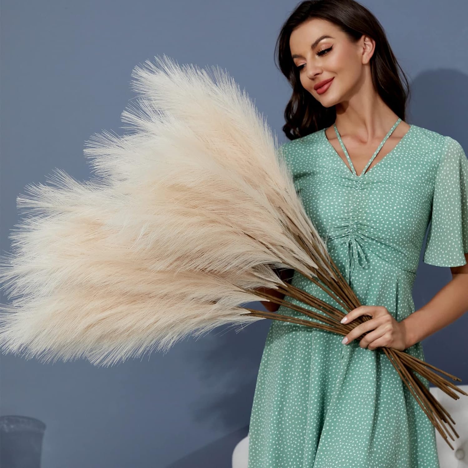 FOTEEWL 8 PCS Faux Pampas Grass Decor 38″/3.1FT Tall Fake Pompas Floral Large Artificial Pompous Grass Branches Plants for Floor Vase Filler Home Boho Decoration (Cream/Beige)