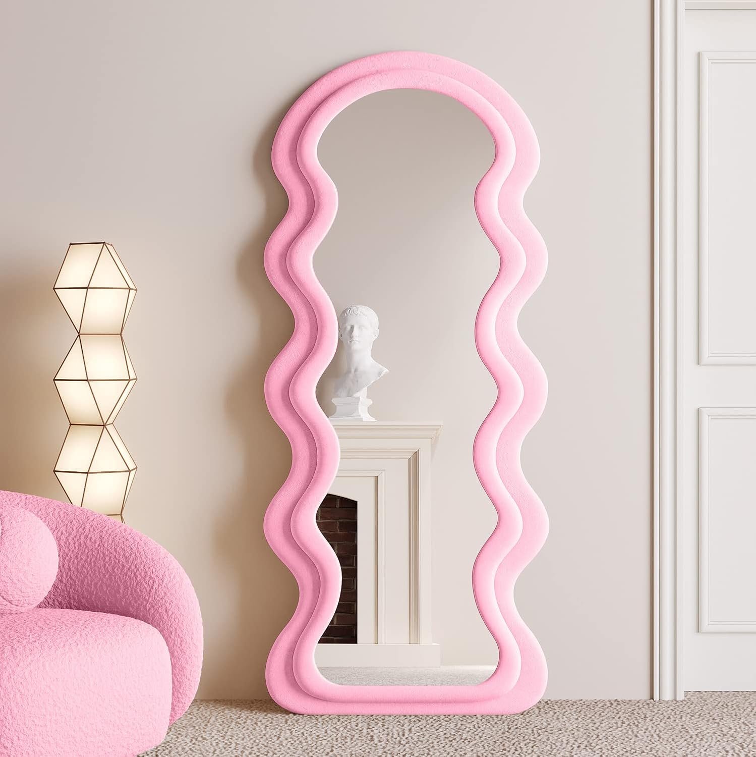 BOJOY Full Length Mirror 63″x24″, Irregular Wavy Mirrors, Wave Arched Floor Mirror, Wall Mirror Standing Hanging or Leaning Against Wall for Bedroom, Flannel Wrapped Wooden Frame Mirror-Pink