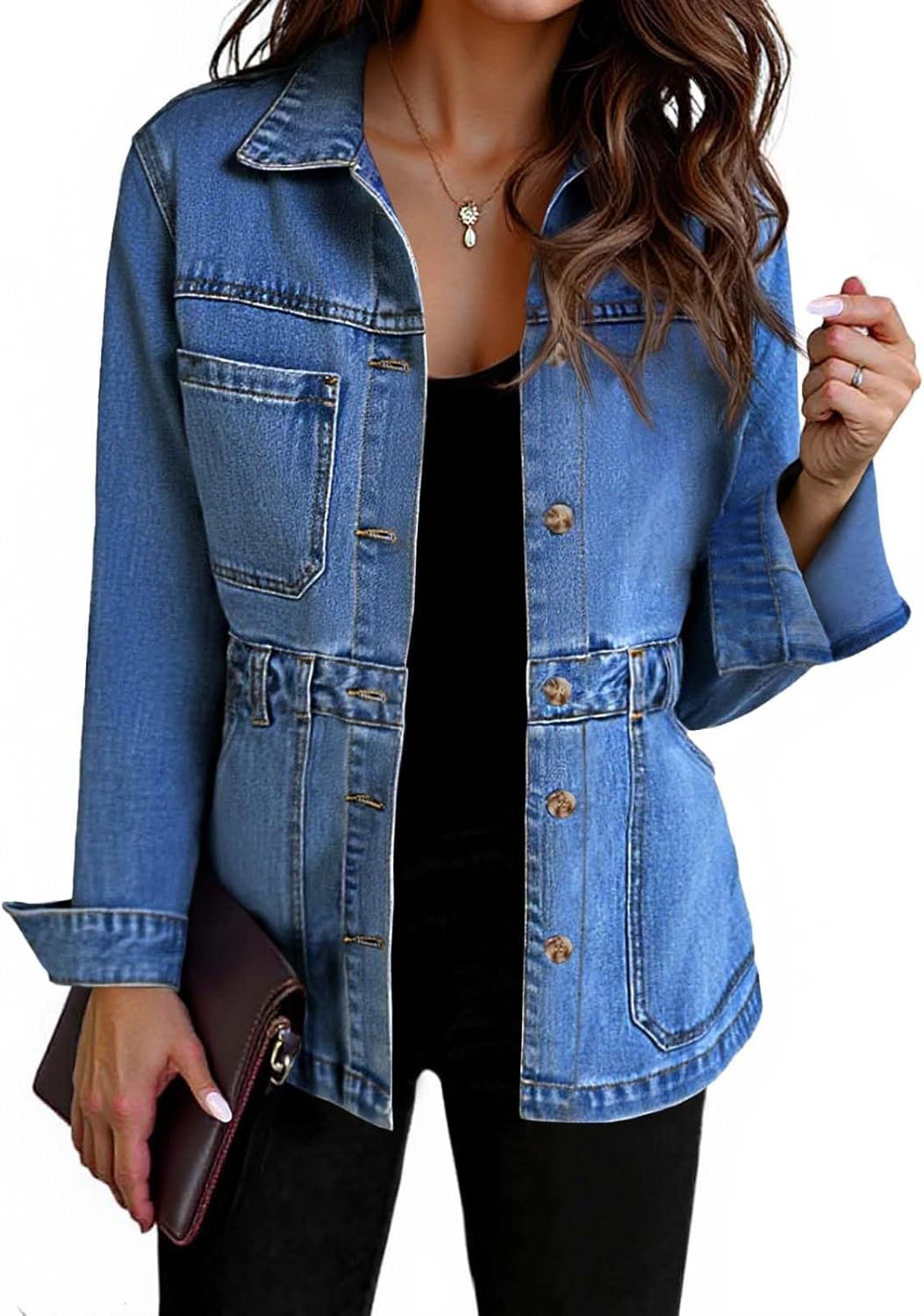 Tankaneo Denim Jacket for Women Distressed Jean Jacket Button Down Oversized Shacket with Pockets