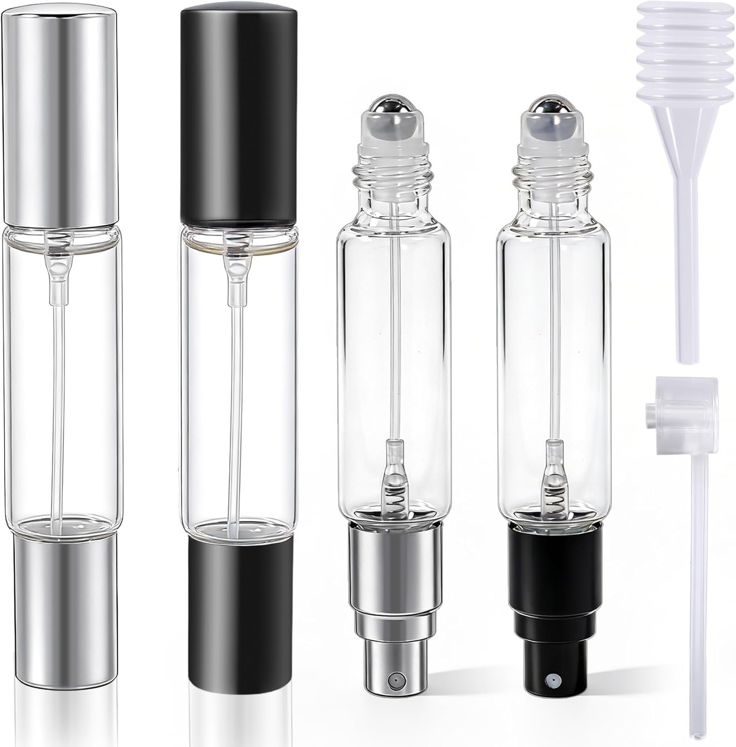 PAGOW 2pcs Dual-Head Travel Perfume Bottle Refillable, Portable 10ml Glass Cologne Atomizer Empty Travel Bottles with Spray & Roller Balls, Leakproof Perfume Spray Dispenser Bottles with Funnel
