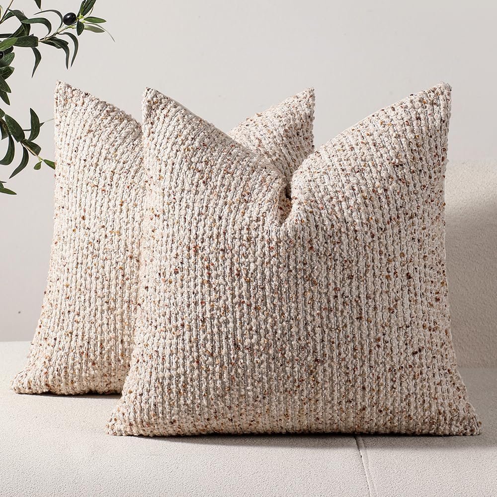 DEZENE Striped Throw Pillow Covers 18×18 Set of 2 Beige Textured Boucle Chic Morden Boho Accent Farmhouse Square Decorative Couch Pillow Covers for Home Decor Bed Sofa Living Room