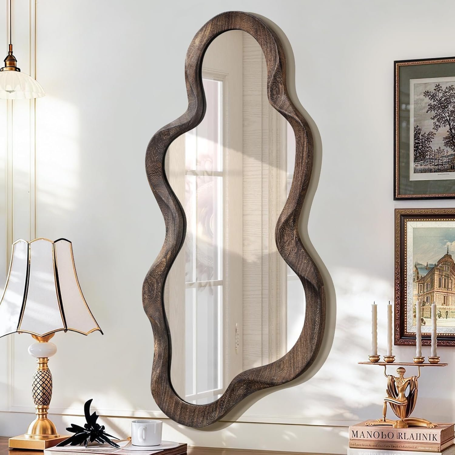 Large Asymmetrical Mirrors for Wall Wood Frame Irregular Mirror Unique Cloud Wavy Mirror Modern Living Room Bedroom Vanity Entryway Hallway Decorative Artistic Wall Mirror