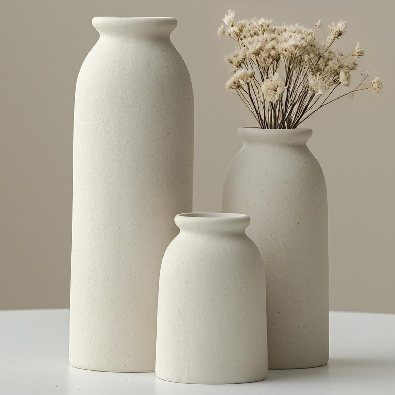 Ceramic Vase Set-3, Small Flower Vases for Decor, Modern Boho Farmhouse Style, Decorative Vases for Pampas Grass & Dried Flowers, Distressed Finish (Beige)
