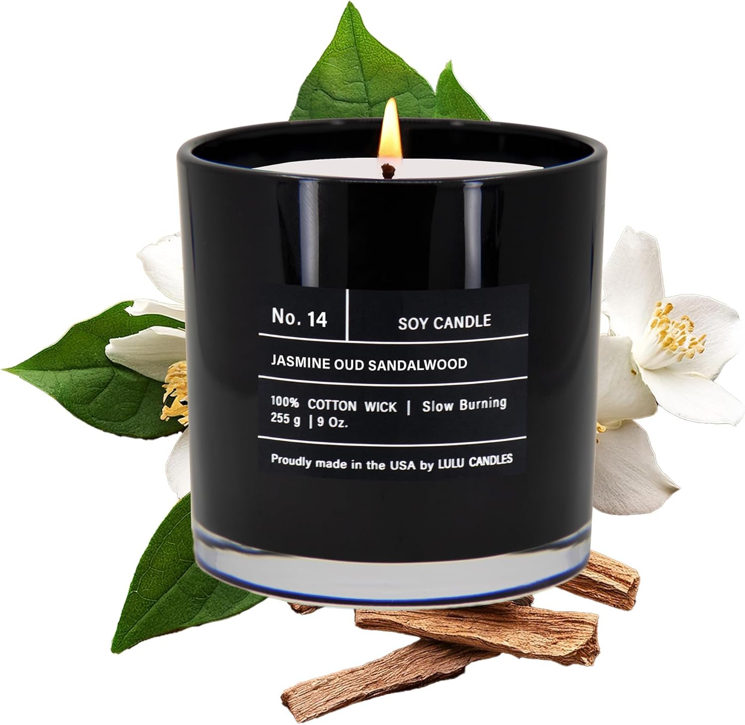 Lulu Candles | Jasmine, Oud & Sandalwood | Luxury Scented Soy Jar Candle | Hand Poured in The USA | Highly Scented & Long Lasting (9 Oz.)