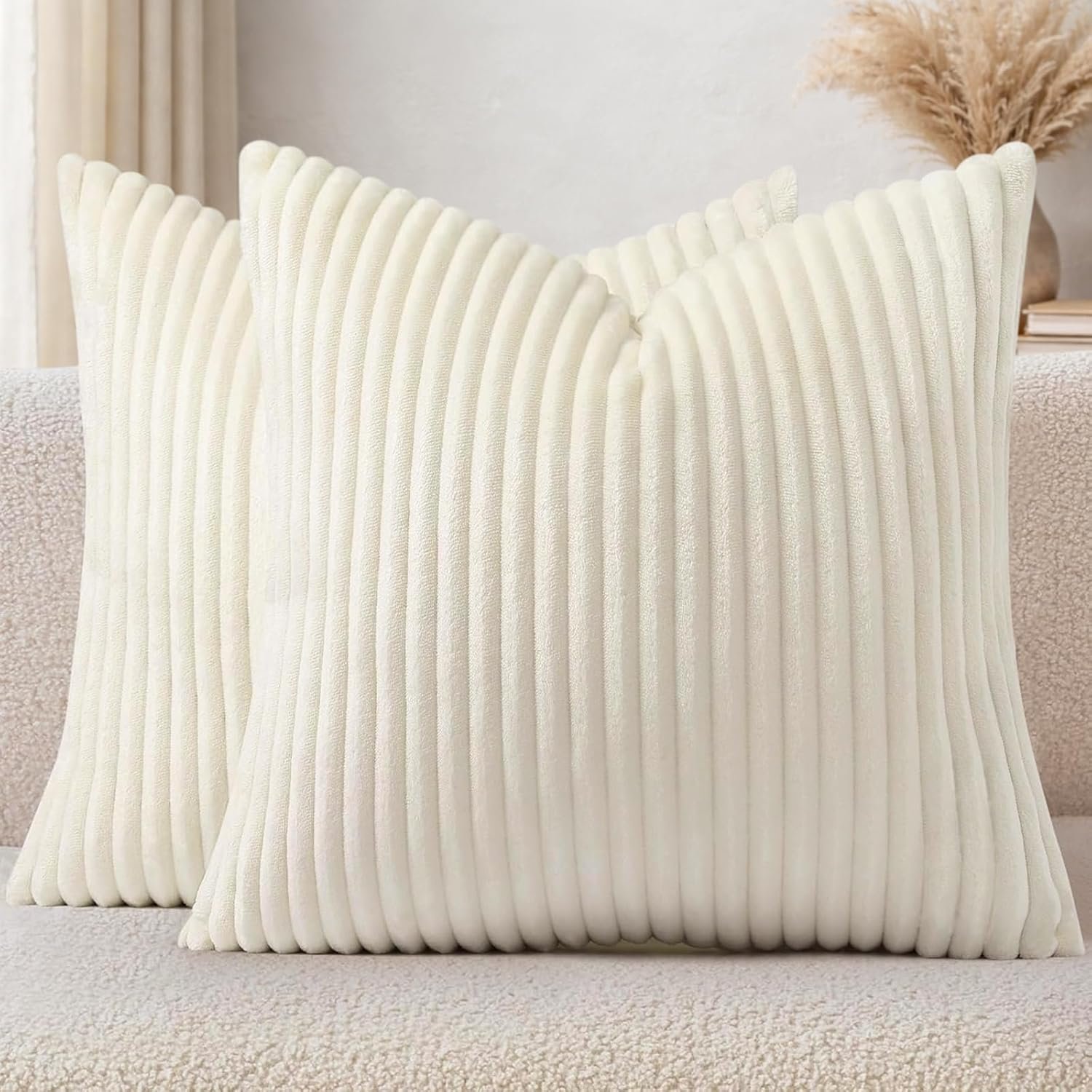 Simmore Decorative Throw Pillow Covers 20×20 Set of 2, Soft Natural Plush Flannel Double-Sided Fluffy Couch Pillow Covers for Sofa Living Room, Cream White