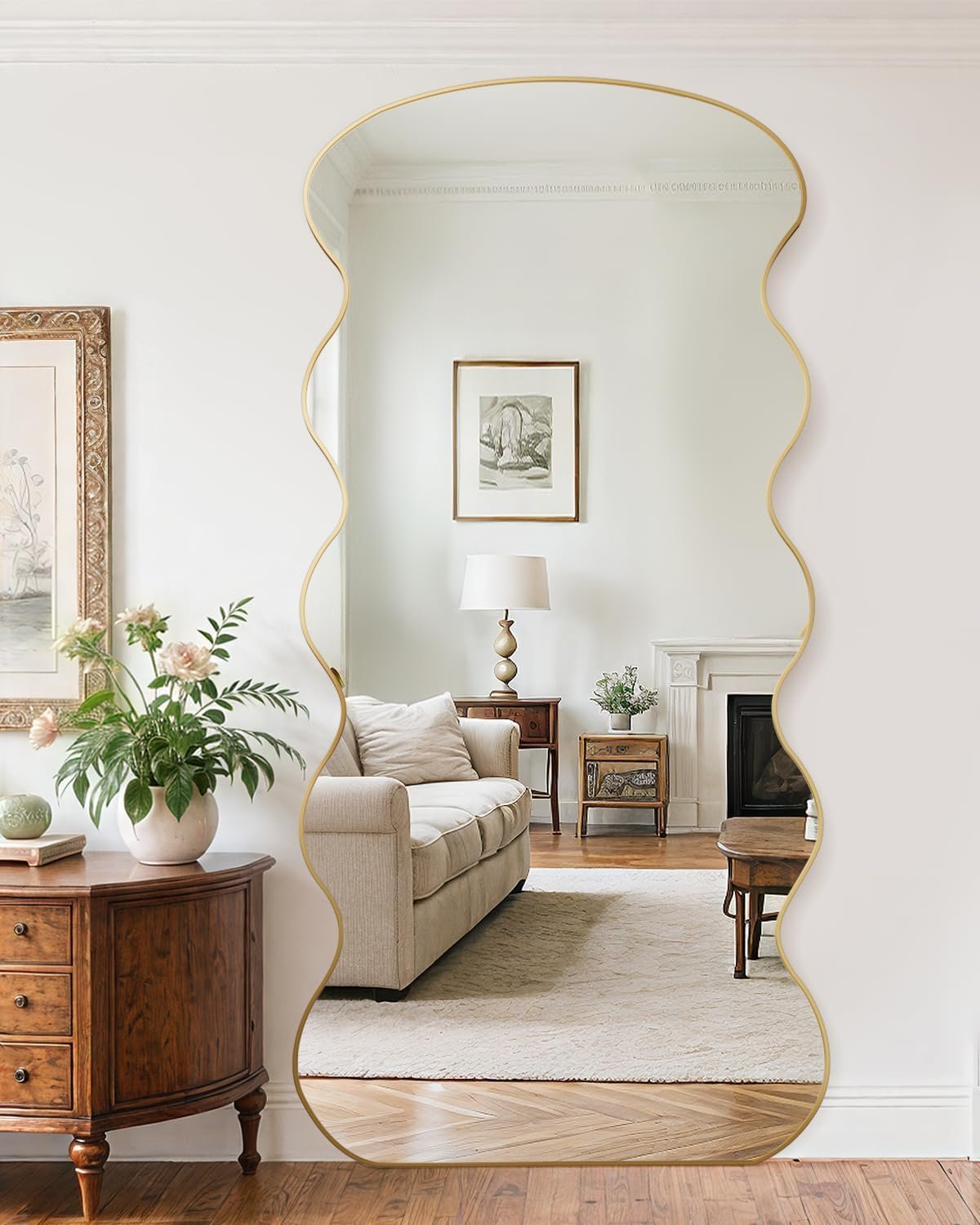 Antok Full Length Mirror, 71″x28″ Wavy Mirror Full Length with Stand for Bedroom, Living Room Cloakroom, Gold