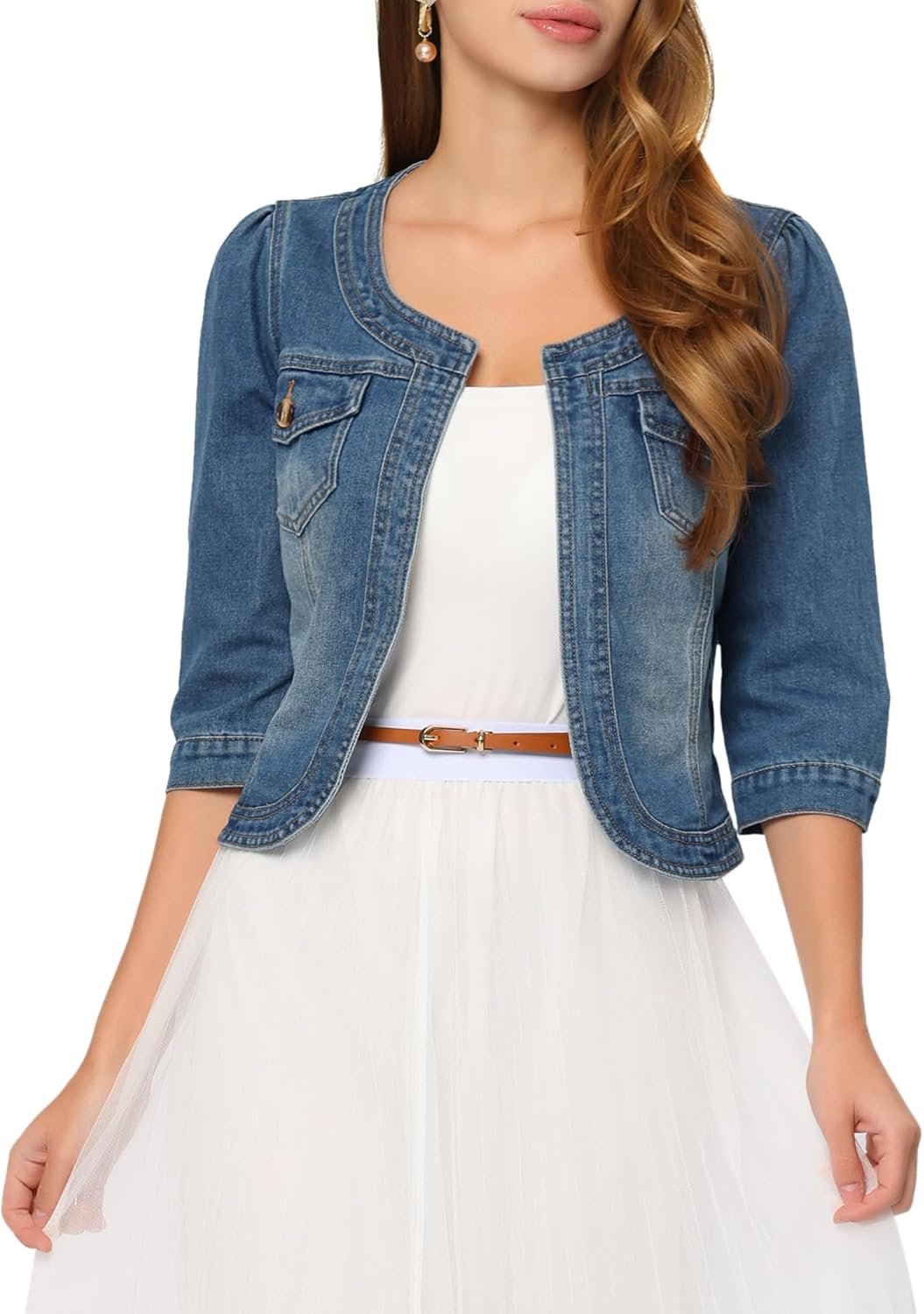 Allegra K Denim Jacket for Women’s Collarless 2025 Cardigan 3/4 Sleeve Crop Jean Jackets