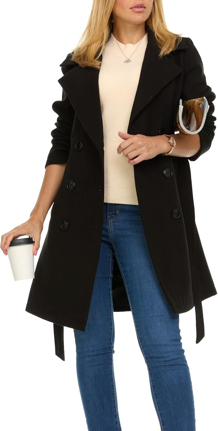Steve Madden Trench Coat for Women – Double-Breasted Long Winter Faux Wool Coat