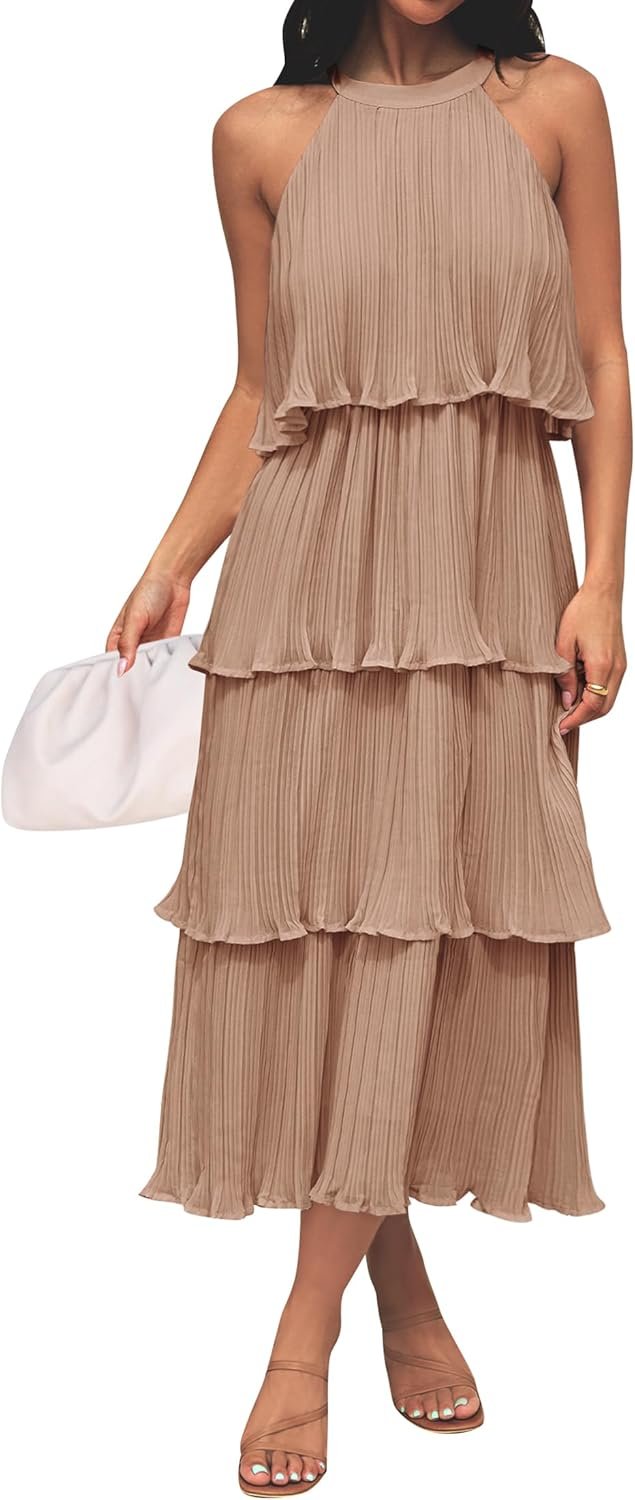 ZESICA Women’s 2026 Summer Sleeveless Halter Neck Ruffle Tiered Layed Chiffon Flowy Swing Long Midi Dress