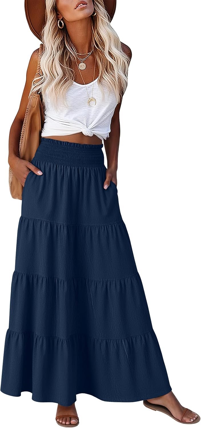 ANRABESS Womens Maxi Skirts, Elastic High Waist A-Line Tiered, Long Flowy Boho Skirts, Summer Casual Beach & Vacation Wear
