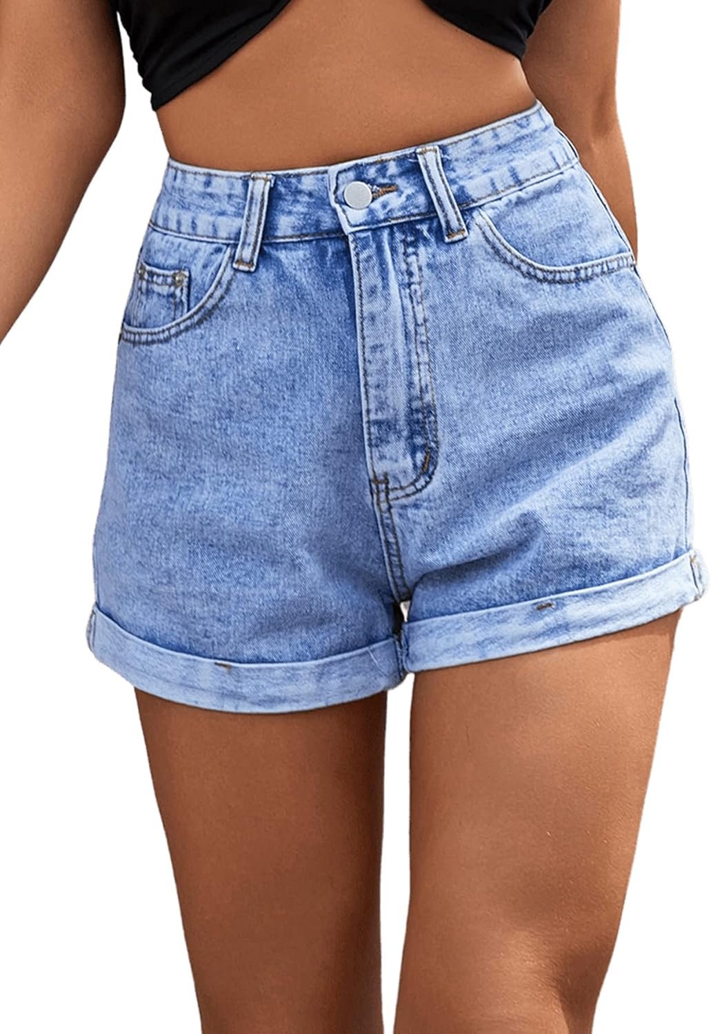 SweatyRocks Women’s High Rise Roll Up Hem Straight Leg Denim Jean Shorts with Pocket