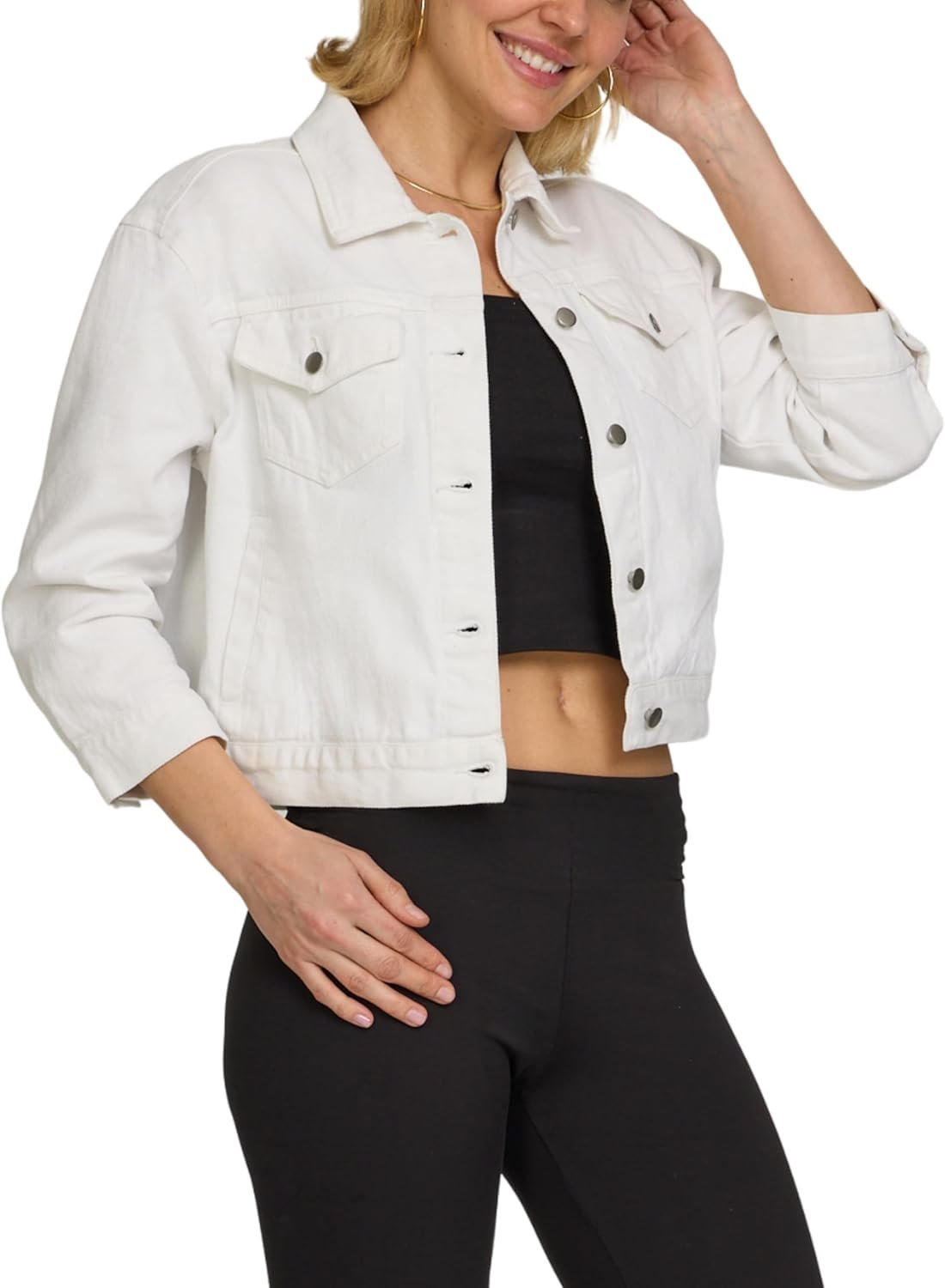 American Denim 3/4 Sleeve Denim Jacket for Women, Button Up Short Sleeve Jackets for Women, Womens Cropped Denim Jacket
