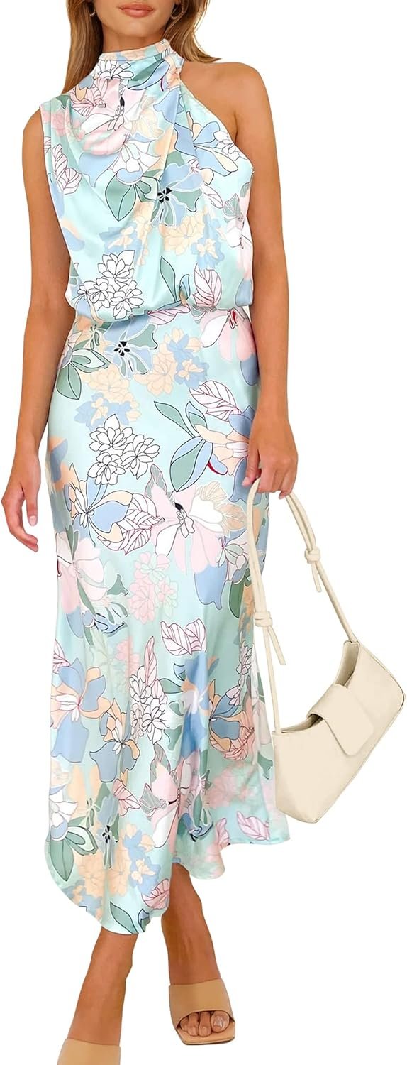 PRETTYGARDEN Women’s 2026 Summer Satin Dress Elegant Sleeveless Mock Neck Cocktail Party Maxi Dresses