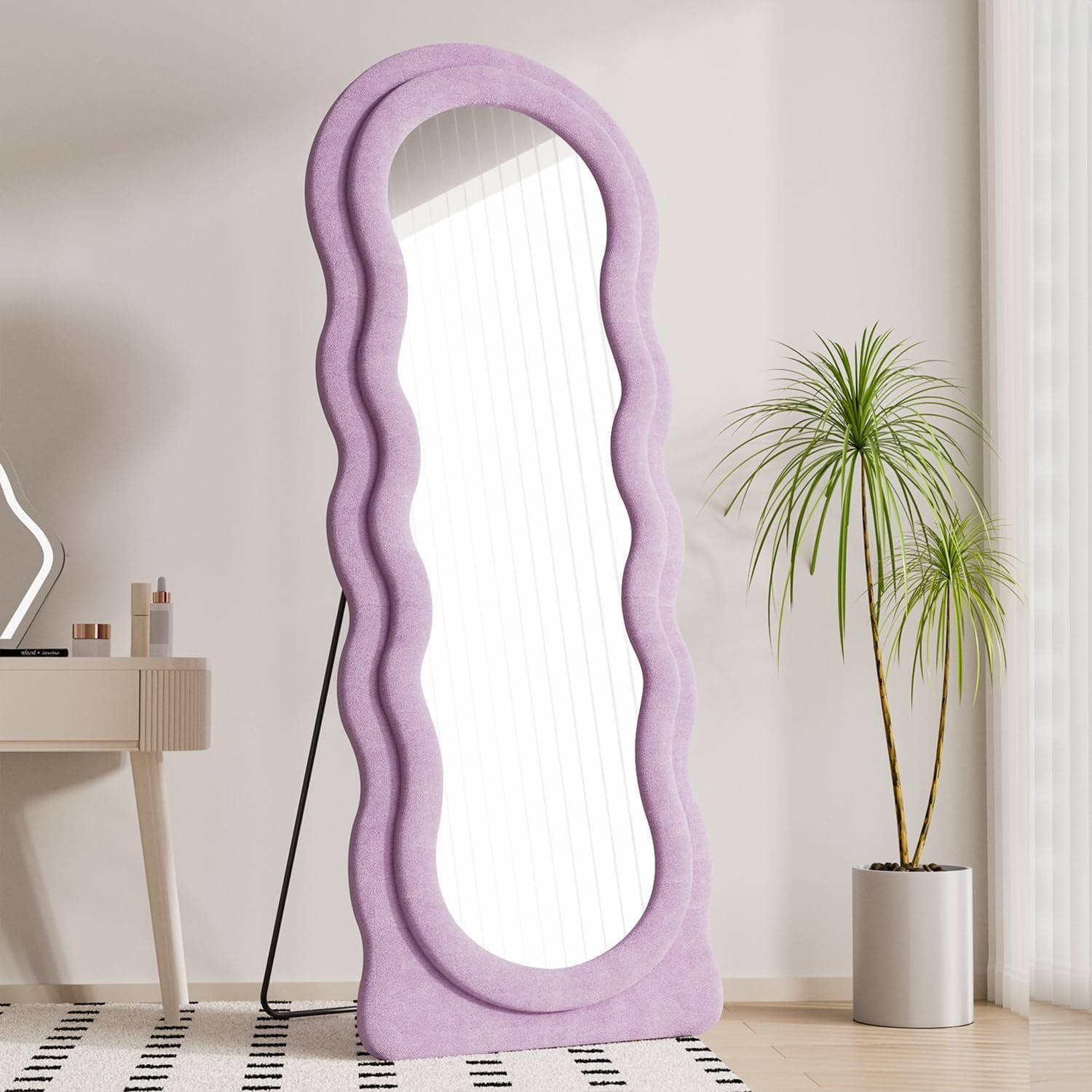 Dewfig Wavy Full Length Mirror with Stand, 63″ x 24″ Irregular Floor Mirror, Large Floor Length Mirror, Freestanding/Leaning/Wall Mounted, Flannel Wrapped Wooden Frame for Bedroom/Living Room, Purple