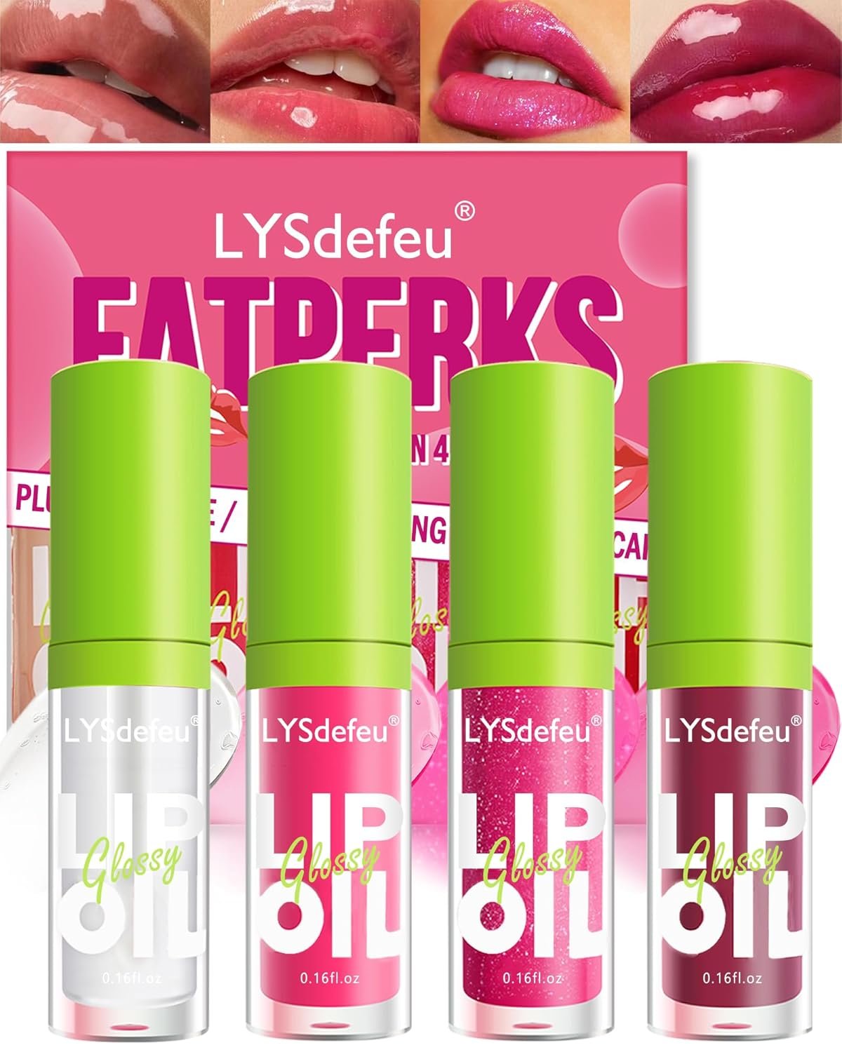 4 Colors Lip Oil Lip Glaze,Hydrating Tinted Plumping Lip Gloss,Clear Pink Shiny Glow Reviver Lip Care Oil,Longlasting Non-sticky Transparent Lip Oil,Women’s Mother’s Day Makeup Gift Kit for Women-SetA