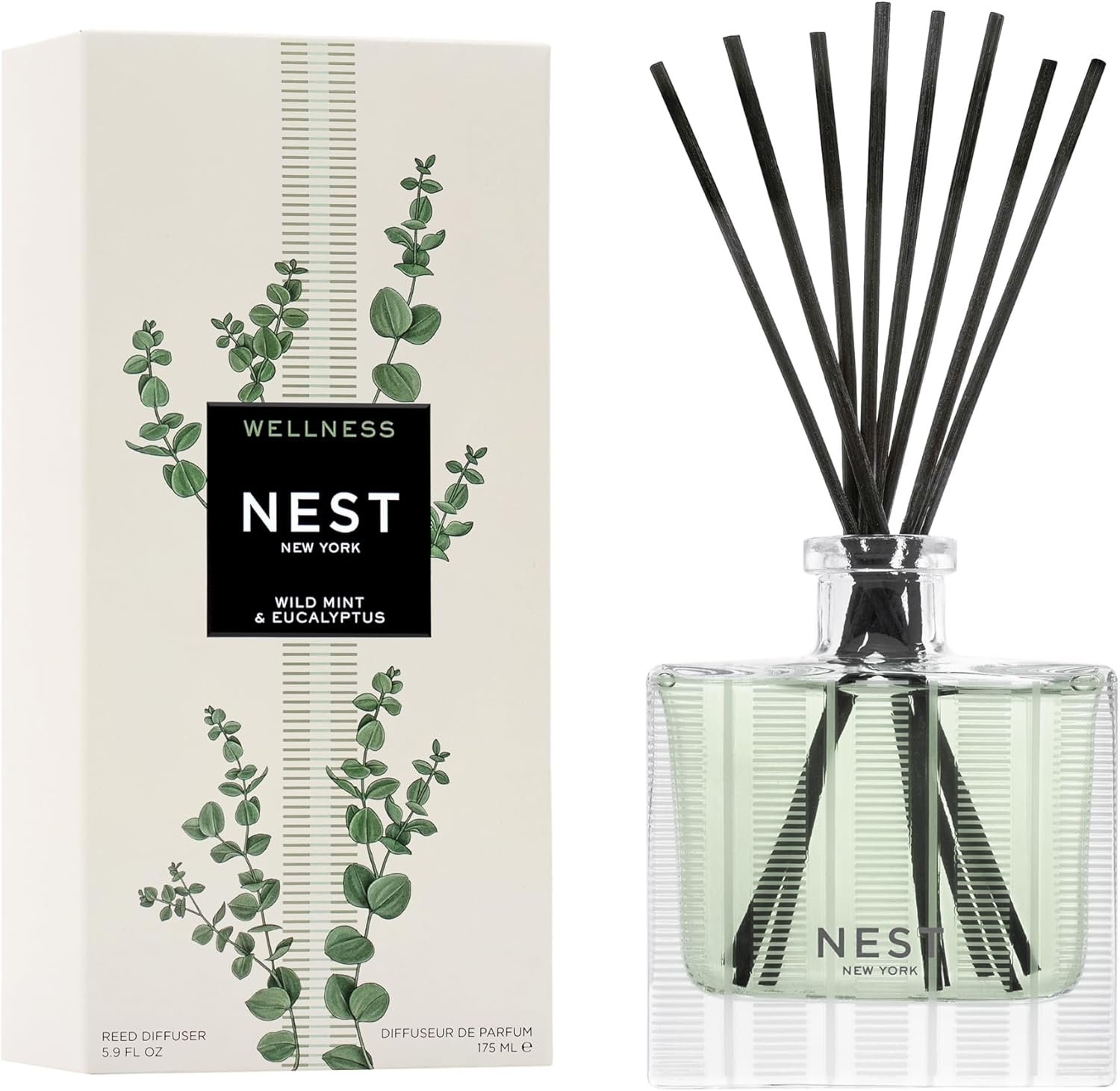 NEST New York Reed Diffuser, Wild Mint & Eucalyptus – 5.9 fl oz – Fragrance for Up to 90 Days – Reusable, Refillable Glass Holder – Includes 8 All-Natural Reed Sticks – Flame Free