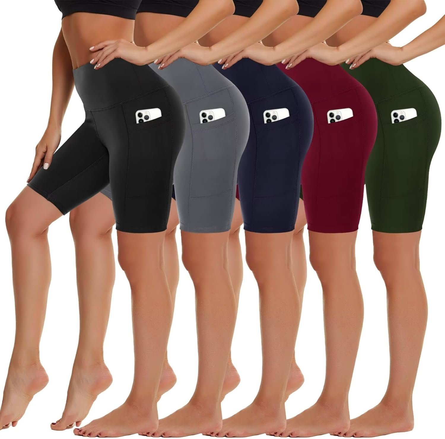 5 Pack Biker Shorts with Pockets for Women – 5″/8″ High Waist Spandex Workout Yoga Running Athletic