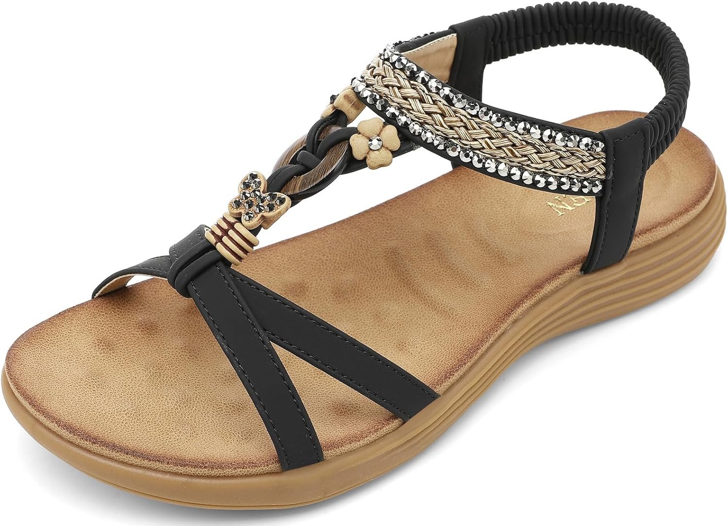 UBFEN Womens Bohemian Flat Sandals With Back Strap Summer Beach Comfortable Bling