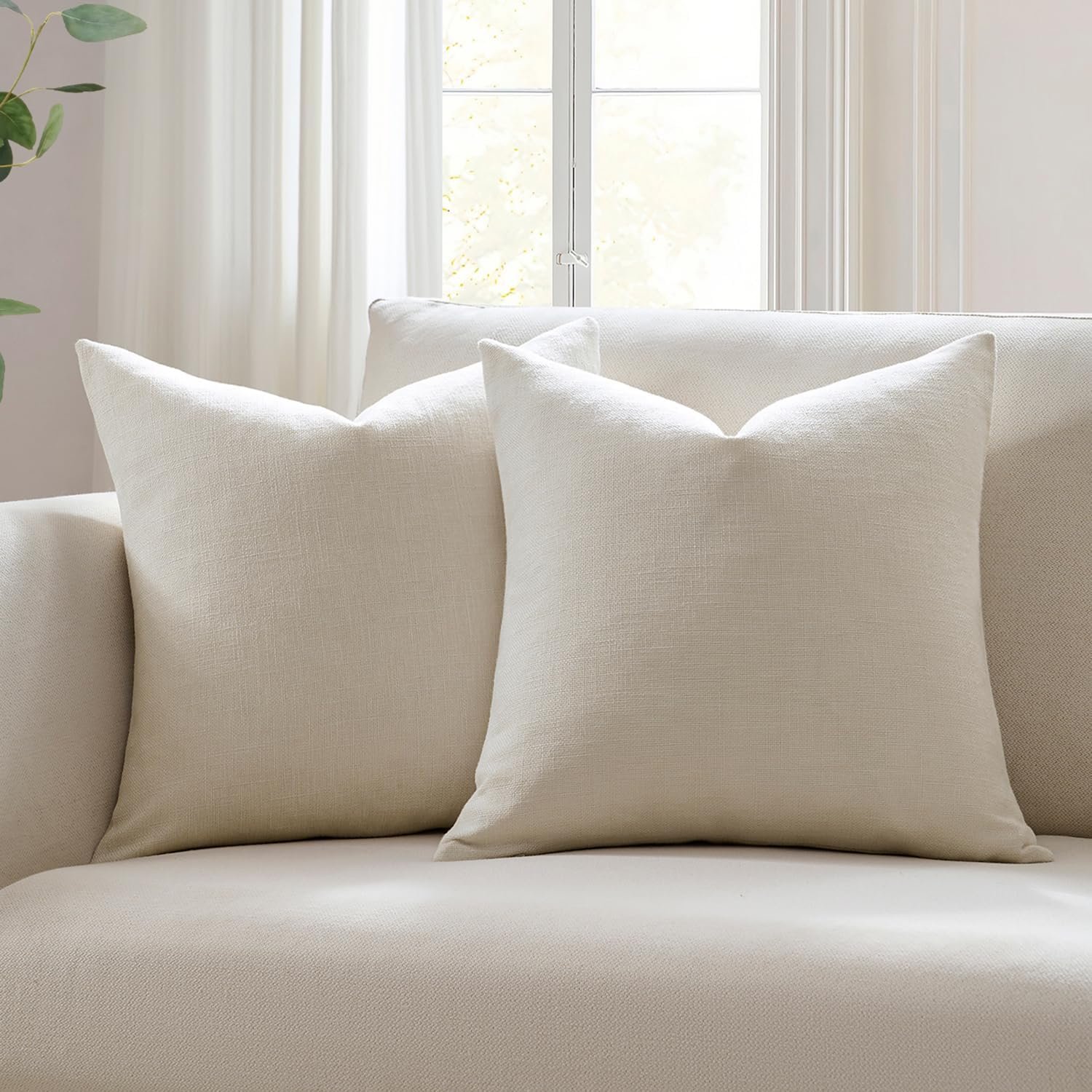 Meekio Set of 2 Ivory Throw Pillow Covers 18×18, Modern Farmhouse Linen Blend Decorative Pillow Covers for Couch Sofa Bed, Neutral Home Decor