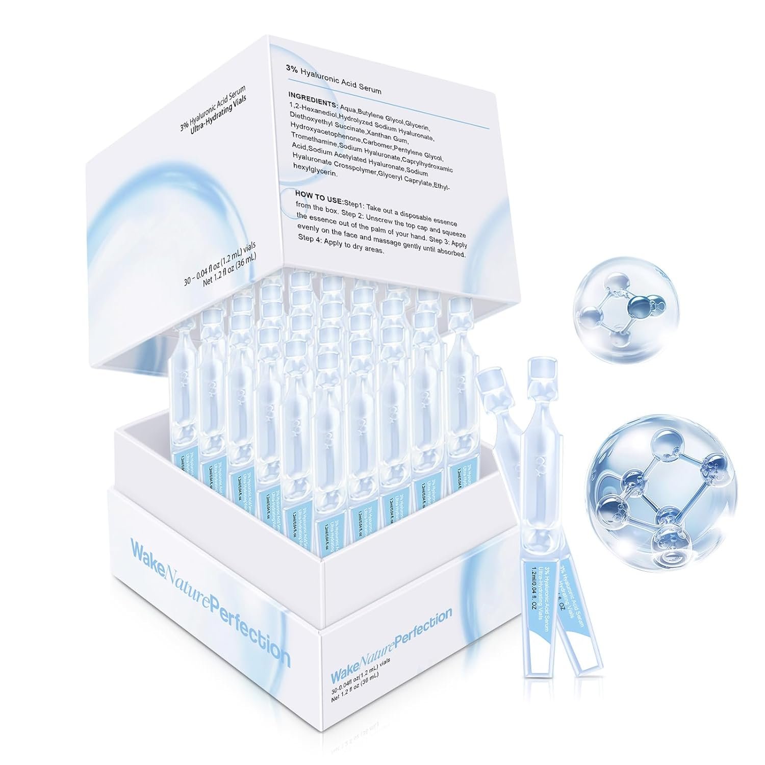 3% Hyaluronic Acid Serum Ultra-Hydrating Vials, 30pcs Hyaluronic Acid Tubes, Wake Nature Perfection, Hyaluronic Serum for Face, Ultra Hydrating Essence with Collagen & Hyaluronic