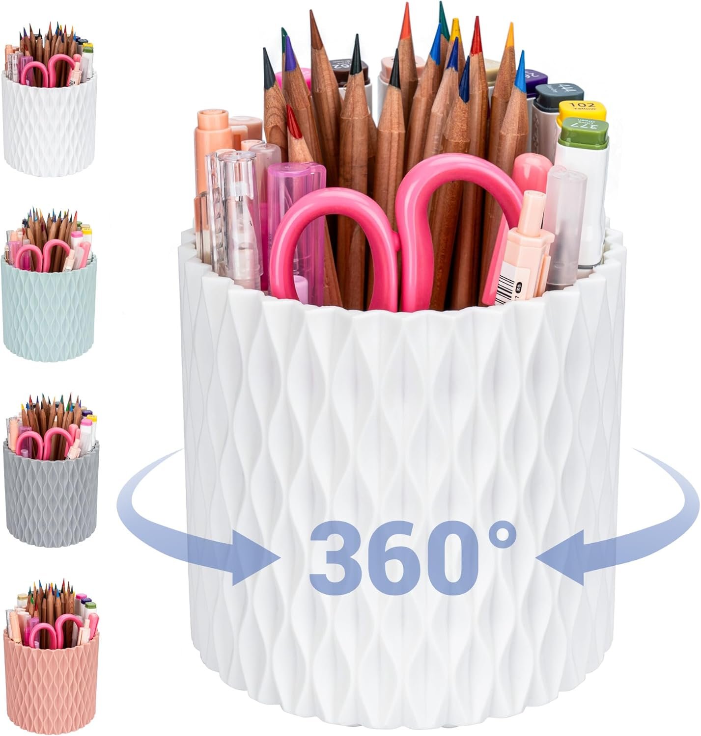 Pen Holder – 360° Rotating, 5 Slot Pen Holder For Desk. Pencil Holder For Office,School,Dorm Room&Vanity, Desk Accessories(White)