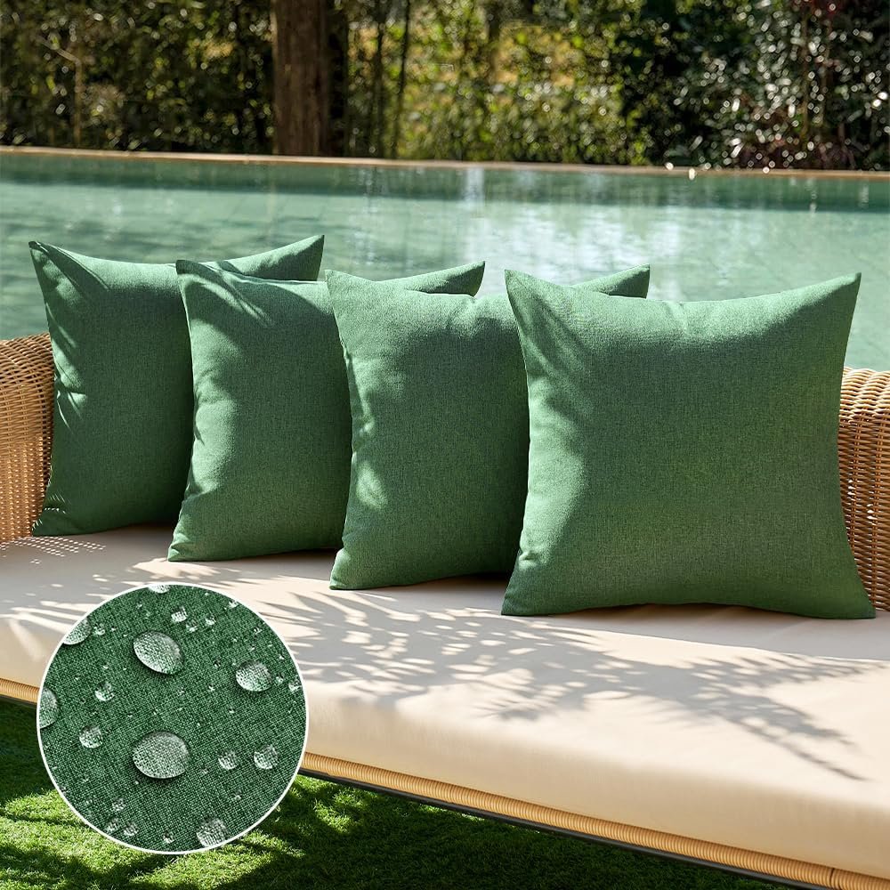 MIULEE Pack of 4 Decorative Outdoor Throw Pillow Covers Linen Waterproof Pillow Covers Summer Farmhouse Cushion Cases for Patio Garden Tent Balcony Couch Sofa 18×18 Inch Dark Green