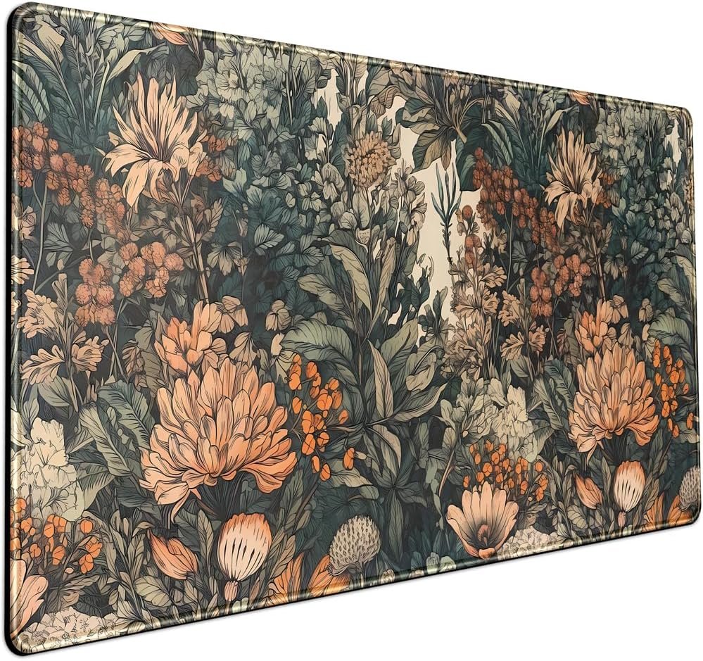 Boho Aesthetic Desk Mat Wildflowers Large Mouse Pad Gaming Pad, XXL Keyboard Mat Full Desktop Women Office Desk Accessories with Stitched Edges Anti-Slip Funny Deskpad, 31.5 X 15.8 in