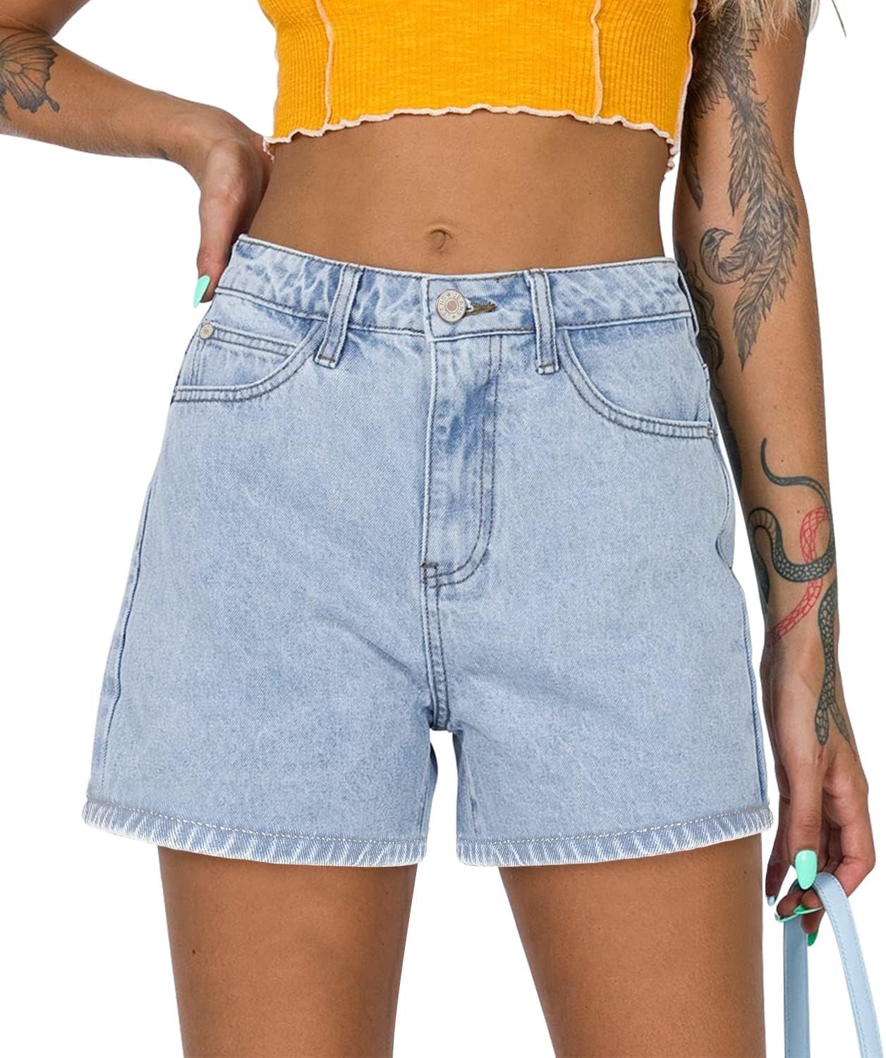 CHICZONE Womens Mid-High Waisted Jean Shorts Ripped Cutoff Denim Shorts Stretchy Summer Short Pants